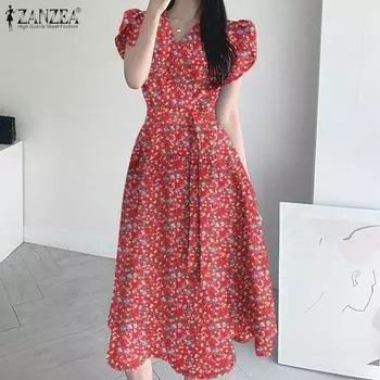 ZANZEA Женские летние богемные повседневные платья с короткими рукавами и v-образным вырезом с цветочным принтом