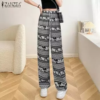 ZANZEA Женские летние брюки с эластичной резинкой на талии и принтом в стиле ретро XL чёрный