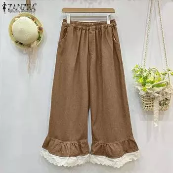 ZANZEA Женские летние брюки с эластичной талией, кружевными оборками и прямыми карманами S темно-синий