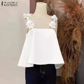 ZANZEA Женские летние цветочные украшения с открытыми плечами A-силуэта майки S белый