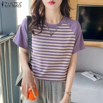 ZANZEA Женские летние футболки с коротким рукавом и полосатым принтом S чёрный