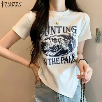 ZANZEA Женские летние футболки с круглым вырезом и коротким рукавом с принтом и неровным подолом S чёрный