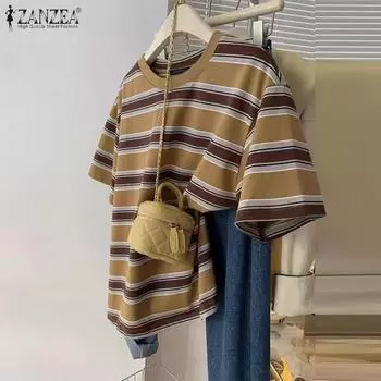 ZANZEA Женские летние футболки с круглым вырезом и коротким рукавом в цветную полоску S коричневый