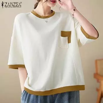 ZANZEA Женские летние футболки с круглым вырезом и коротким рукавом в стиле цветных блоков 3XL коричневый