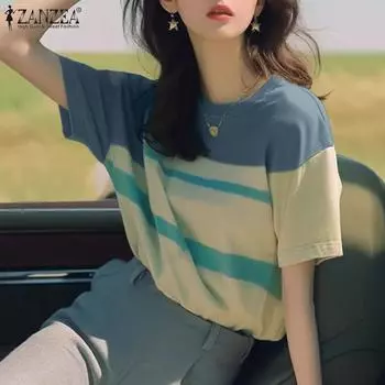 ZANZEA Женские летние футболки с круглым вырезом и коротким рукавом с градиентным принтом в полоску S оранжевый