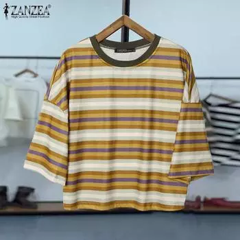 ZANZEA Женские летние футболки с круглым вырезом и коротким рукавом в полоску S жёлтый