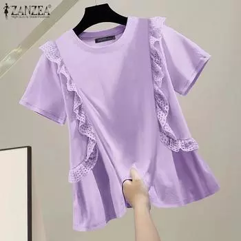 ZANZEA Женские летние футболки с круглым вырезом и коротким рукавом с кружевом S чёрный