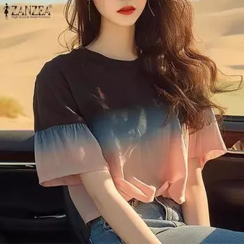 ZANZEA Женские летние футболки с круглым вырезом, расклешенные, с коротким рукавом, с градиентным принтом S розовый