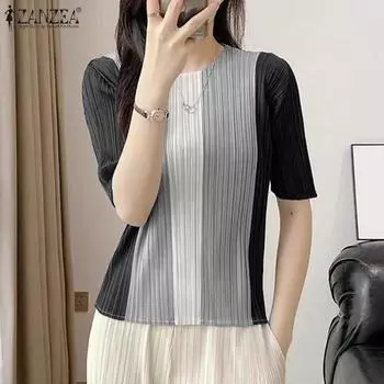 ZANZEA Женские летние футболки с круглым вырезом и коротким рукавом, цветные трикотажные футболки S оранжевый