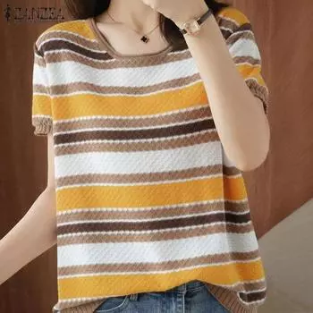 ZANZEA Женские летние футболки с круглым вырезом и коротким рукавом в контрастную полоску S светло-синий