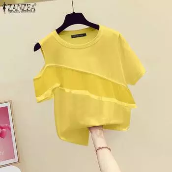 ZANZEA Женские летние футболки с круглым вырезом и открытыми плечами с коротким рукавом XL белый