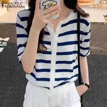 ZANZEA Женские летние футболки с круглым вырезом и коротким рукавом в полоску M синий