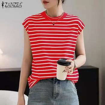 ZANZEA Женские летние футболки с круглым вырезом и коротким рукавом в полоску L жёлтый