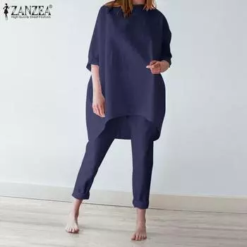 ZANZEA женские летние хлопковые наряды с рукавами 3/4, нестандартные топы и брюки, комплект из двух предметов