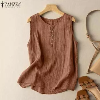 ZANZEA Женские летние хлопковые повседневные топы без рукавов с круглым вырезом S белый