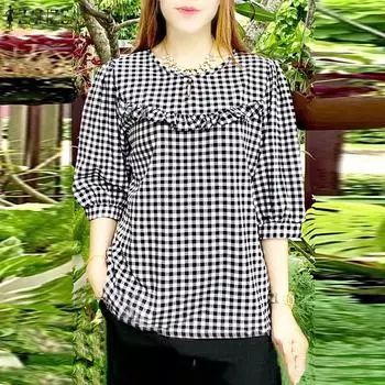 ZANZEA Женские летние блузки в клетку с круглым вырезом и рукавом 3/4 S чёрный