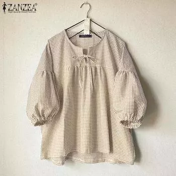 ZANZEA Женские летние клетчатые блузки с V-образным вырезом и рукавом-фонариком 3/4 S зелёный