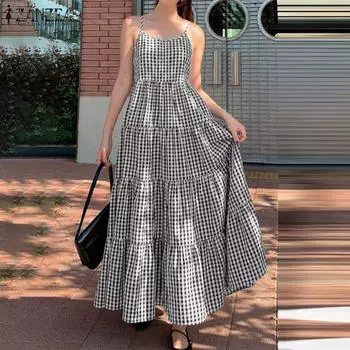 ZANZEA Женские летние клетчатые платья без рукавов с подтяжками А-силуэта 5XL светло-синий