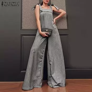 ZANZEA Женские летние комбинезоны с широкими штанинами и шнуровкой на бретелях без рукавов в полоску S хаки