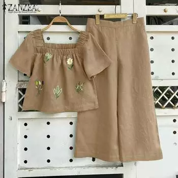 ZANZEA Женские летние комплекты блузок с квадратным вырезом и короткими рукавами с цветочным принтом и широкими брюками S зелёный