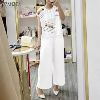 ZANZEA Женские летние комплекты из блузки с круглым вырезом и коротким рукавом с принтом и брюками S белый