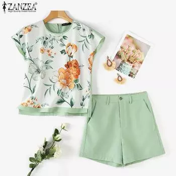 ZANZEA Женские летние комплекты из двух предметов: блузка с цветочным принтом и шорты 4XL зелёный