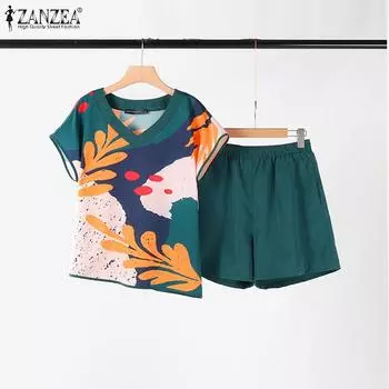 ZANZEA Женские летние комплекты из двух предметов: футболка с цветочным принтом и шорты S озеро синий