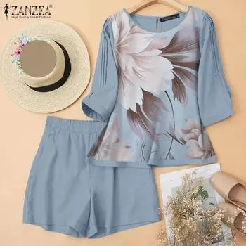 ZANZEA Женские летние комплекты из двух предметов: блузка с цветочным принтом и шорты S вино красного