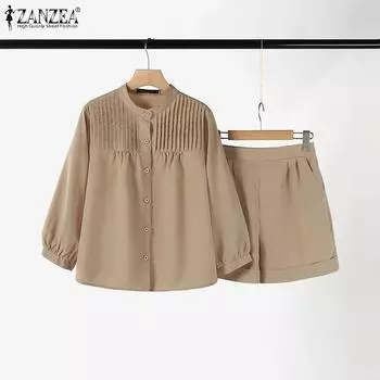 ZANZEA Женские летние комплекты из двух предметов: блузка с рукавом 3/4 и шорты S белый