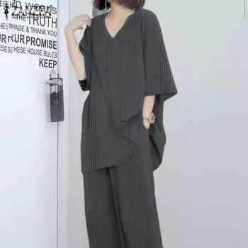 ZANZEA Женские летние комплекты из футболки с коротким рукавом и V-образным вырезом, широких брюк S коричневый