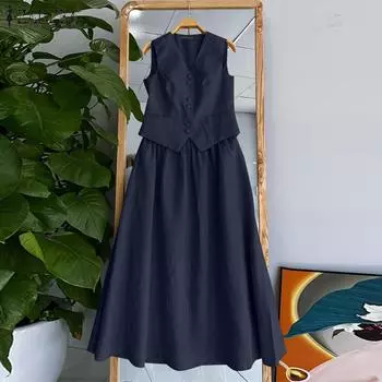 ZANZEA Женские летние комплекты из однотонных маек с V-образным вырезом и юбки А-силуэта S темно-синий