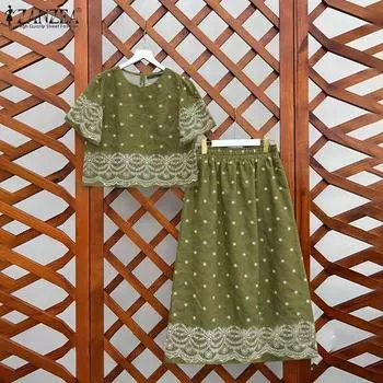 ZANZEA Женские летние комплекты из топа и юбки с круглым вырезом и коротким рукавом S зелёный