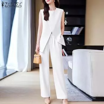 ZANZEA Женские летние комплекты из жилета и брюк с круглым вырезом без рукавов 4XL белый