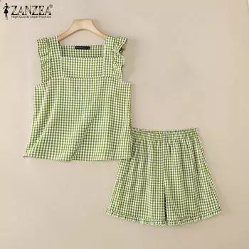 ZANZEA Женские летние комплекты из жилета и шорт с квадратным вырезом без рукавов в клетку M чёрный