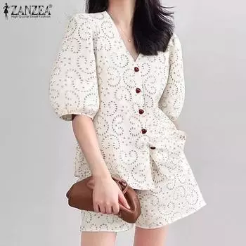 ZANZEA Женские летние комплекты с коротким рукавом и V-образным вырезом и короткими рукавами и шортами S бежевый