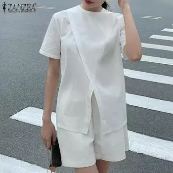 ZANZEA Женские летние комплекты с круглым вырезом и коротким рукавом, асимметричным подолом и шортами M белый