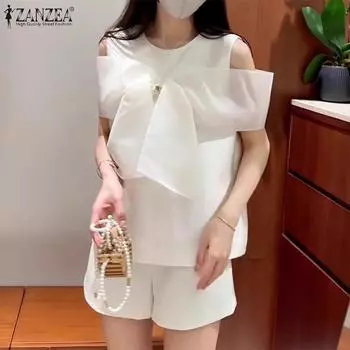 ZANZEA Женские летние комплекты с круглым вырезом без рукавов и декоративными майками и шортами 5XL белый