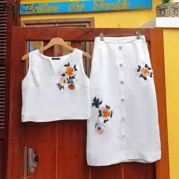 ZANZEA Женские летние комплекты с круглым вырезом без рукавов с цветочным принтом, майками на пуговицах и юбкой 3XL белый