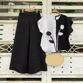 ZANZEA Женские летние комплекты с круглым вырезом и коротким рукавом с цветочным принтом и брюками 4XL зелёный