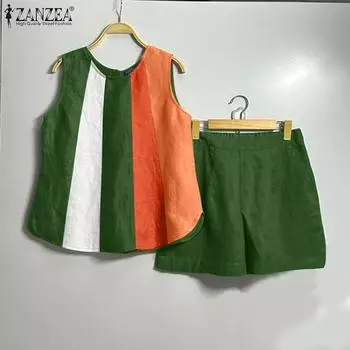 ZANZEA Женские летние комплекты с круглым вырезом без рукавов и карманами и шортами S зелёный