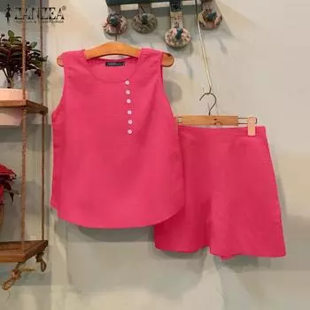 ZANZEA Женские летние комплекты с круглым вырезом и пуговицами, майки и шорты 3XL зелёный