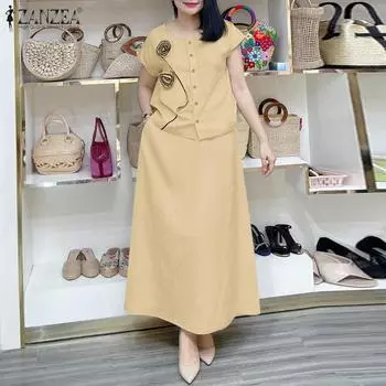 ZANZEA Женские летние комплекты с круглым вырезом и коротким рукавом с объемным цветочным принтом и юбкой S чёрный