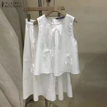 ZANZEA Женские летние комплекты с круглым вырезом без рукавов и узлом, жилеты А-силуэта и юбки 3XL белый