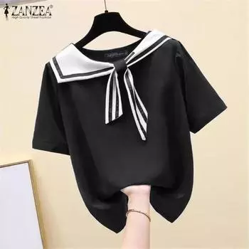 ZANZEA Женские летние контрастные цветные футболки с круглым вырезом и коротким рукавом с завязками M