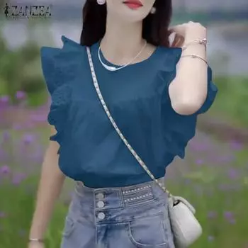 ZANZEA Женские летние кружевные блузки с круглым вырезом и короткими рукавами, многослойными оборками S белый