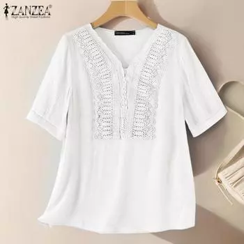 ZANZEA Женские летние кружевные блузки с V-образным вырезом и коротким рукавом S белый