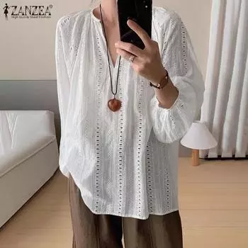 ZANZEA Женские летние кружевные блузки с V-образным вырезом и длинными рукавами с принтом S белый