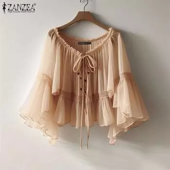 ZANZEA Женские летние кружевные блузки с V-образным вырезом и оборками, рукавами 3/4 M