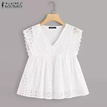 ZANZEA Женские летние кружевные майки с V-образным вырезом и талией, однотонные S жёлтый