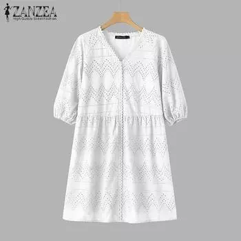 ZANZEA Женские летние кружевные платья-фонарики с V-образным вырезом и короткими рукавами S белый